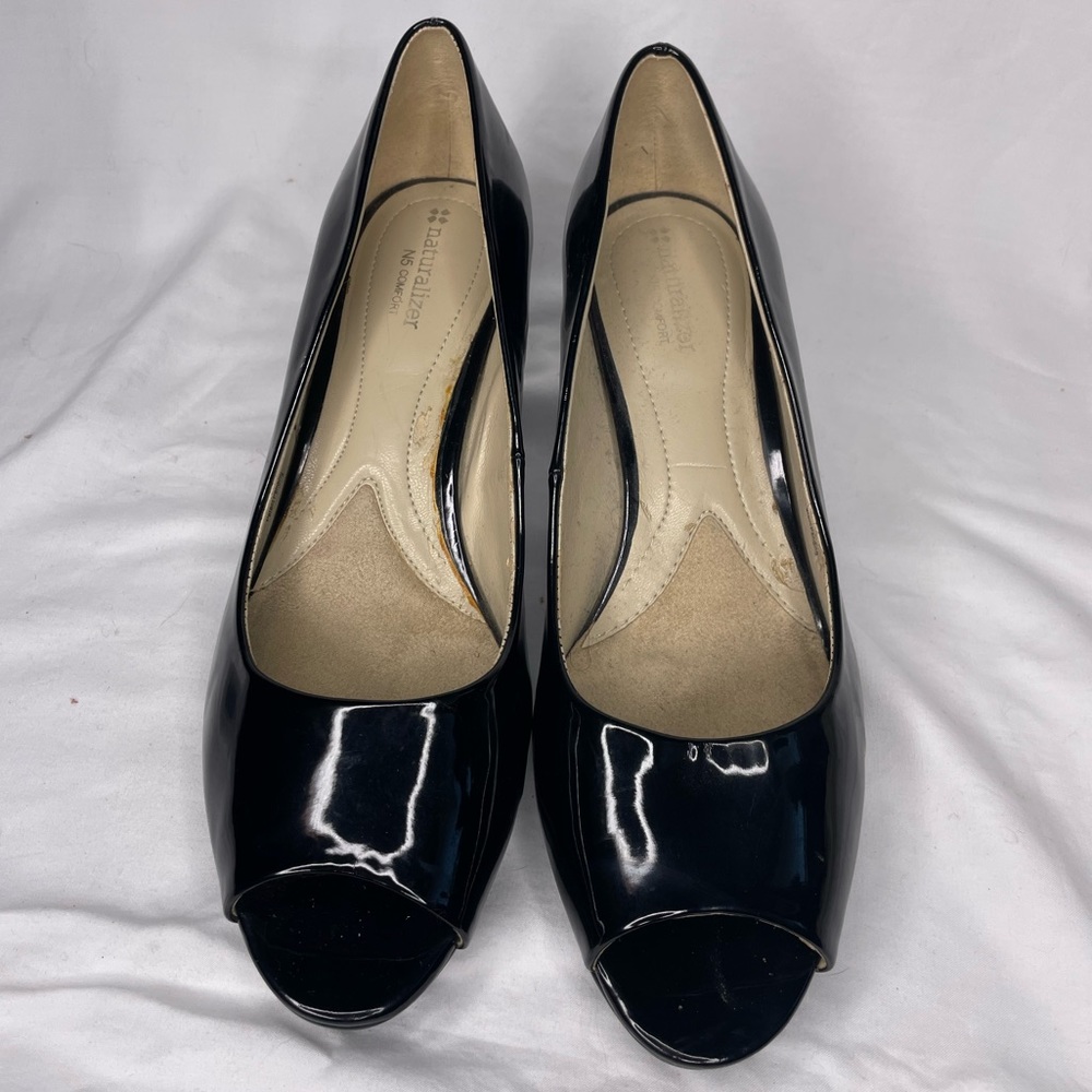 Black Patent Leather Peep Toe Pumps